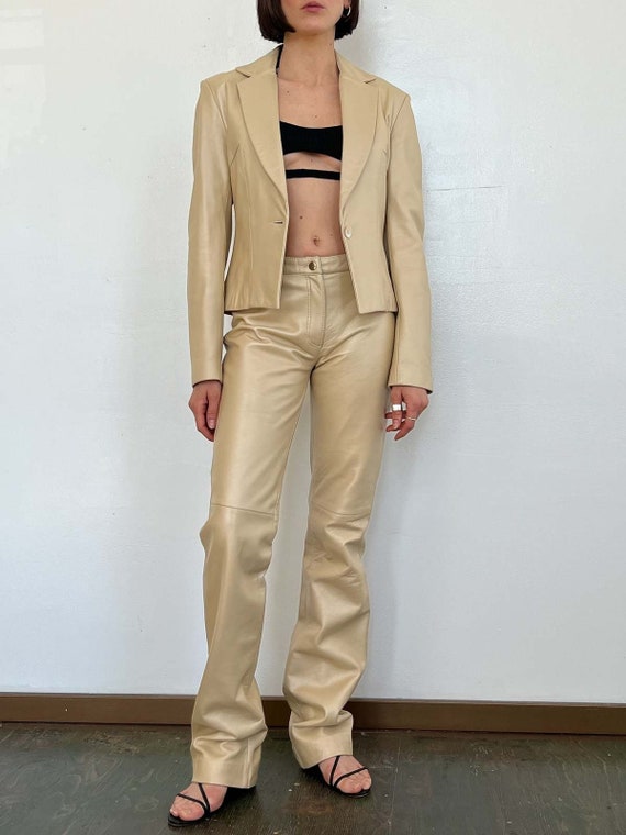 cigarette trousers and blazer set Lambskin Leather Blazer and Pants Set, Slim Cigarette Leg