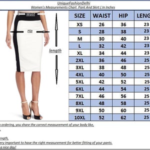 Pu&ograve; includere: Una gonna a tubino bianca e nera con una tabella delle taglie. La tabella mostra le misure di vita, fianchi e lunghezza in pollici per le taglie XS a 10XL. Il testo in alto recita "Women's Measurements Chart Pant And Skirt (In Inches)".