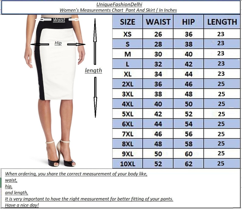 Pu&ograve; includere: Una gonna a tubino bianca e nera con una tabella delle taglie. La tabella mostra le misure di vita, fianchi e lunghezza in pollici per le taglie XS a 10XL. Il testo in alto recita "Women's Measurements Chart Pant And Skirt (In Inches)".
