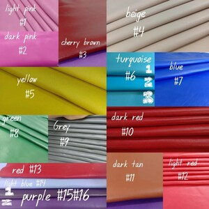 May include: A collection of 16 leather swatches in various colors, including light pink, dark pink, cherry brown, beige, yellow, green, grey, turquoise, blue, dark red, dark tan, and light red. Each swatch is labeled with a number from 1 to 16.