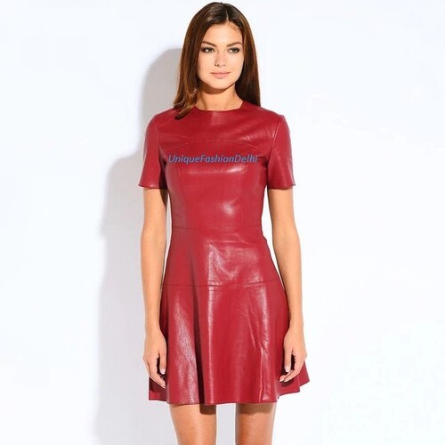 knee length dresses for ladies Black Leather Short Dress with Ruched Side main image 0