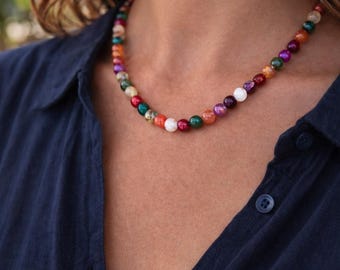Handmade Multicolor Jade Beaded Necklace: Sterling Silver Clasp