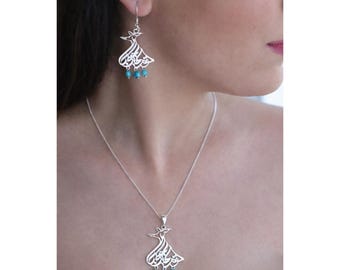 Sterling Silver Sama Dance Jewelry Set: Persian Calligraphy, Turquoise