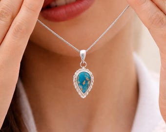 Teardrop Turquoise Necklace: Sterling Silver December Birthstone Pendant