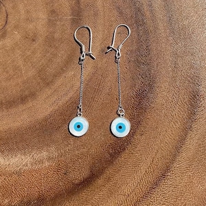 Sterling Silver Evil Eye Earrings: White Shell Boho Dangle