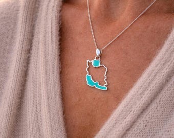 Persian Enamel Sterling Silver  Map Necklace, Unique Jewelry Gift