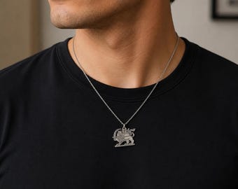 May include: Silver-toned pendant necklace featuring a detailed lion design. The pendant hangs from a delicate chain, creating a classic and elegant look. The necklace is worn against a black shirt.
