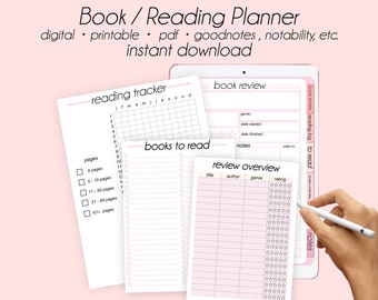 Planificador de libros y lectura digital, rastreador de lectura imprimible, descarga instantánea, diario de balas, regalos de registro de lectura de reseñas de libros para amantes de los libros