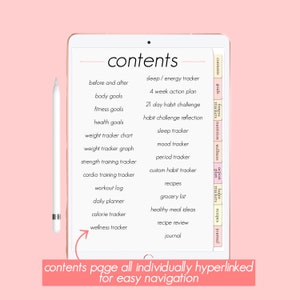 Puede incluir: Un planificador digital con fondo rosa y una lista de contenidos para un diario de bienestar. Los contenidos incluyen un rastreador de sue&ntilde;o, un rastreador de estado de &aacute;nimo, un rastreador de per&iacute;odo, un rastreador de h&aacute;bitos personalizados, recetas, una lista de compras, ideas de comidas saludables, una revisi&oacute;n de recetas y un diario.