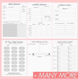 Puede incluir: Un planificador imprimible con fondo rosa y texto gris. El planificador incluye secciones para el seguimiento diario, semanal y de bienestar. Tambi&eacute;n incluye un rastreador de h&aacute;bitos de 21 d&iacute;as y un rastreador de calor&iacute;as de entrada y salida.