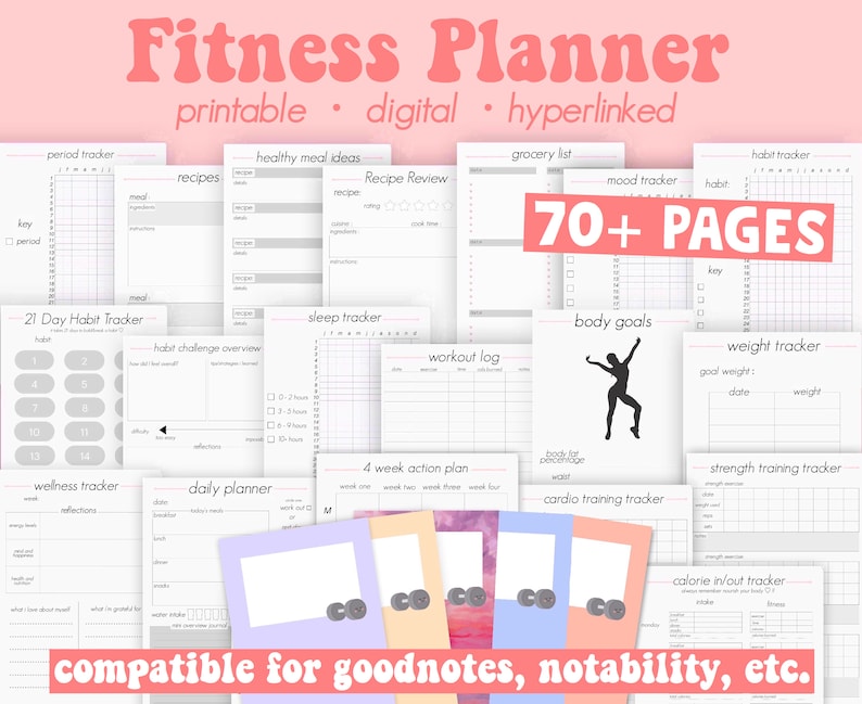 Puede incluir: Un planificador de fitness digital rosa y blanco con m&aacute;s de 70 p&aacute;ginas. El planificador incluye rastreadores para h&aacute;bitos, sue&ntilde;o, peso, estado de &aacute;nimo, entrenamientos, comidas y m&aacute;s. Es compatible con Goodnotes, Notability y otras aplicaciones para tomar notas.