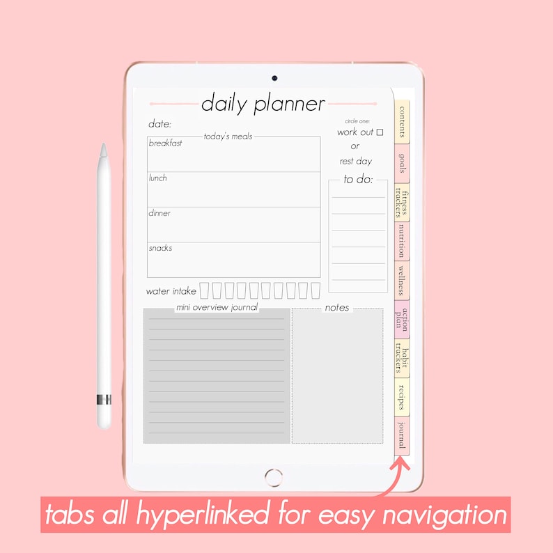 Puede incluir: Una aplicaci&oacute;n de planificador diario digital en un iPad con un l&aacute;piz gris. El planificador tiene secciones para comidas, entrenamiento, d&iacute;a de descanso, cosas por hacer, notas, ingesta de agua, mini diario de resumen, rastreadores de estado f&iacute;sico, plan de bienestar nutricional, rastreadores de h&aacute;bitos de acci&oacute;n, recetas y diario.