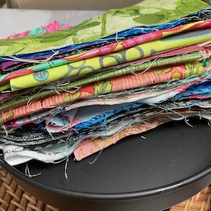 Fabric scrap bundle, slow stitching, collage, scrapbooking, junk journal, mixed media.
