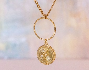 Karma, Snake Necklace, Medallion Pendant, Coin, Circle, Gold filled, Vermeil, & Stainless steel, Layering Necklace, 18 inch Necklace