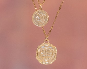 Greek Goddess Necklace, Coin Necklaces, Layering Necklaces, Gold filled Chain, Gold Filled Necklace, Cross Coin, Athena Coin, Greek Coin