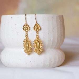 Virgin Mary Earrings, Flower Earrings, Gold Filled Vermeil Earrings, Spiritual, Vintage Style Earrings, Statement Earrings, Gift for mom
