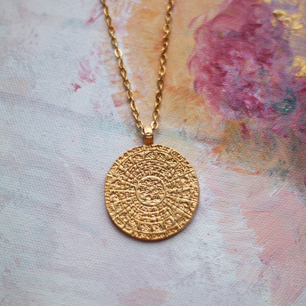 Pendant Necklace, Qibla Chart, Medallion Pendant, Gold Coin Pendant, Boho Necklace, 22k Matte Gold Bronze, Stainless Steel Chain