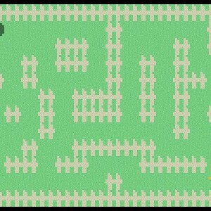 May include: A retro video game screen with a green background and white picket fences forming a maze. A green ball, a green dot, and a carrot-like figure are visible. The score is displayed in red.