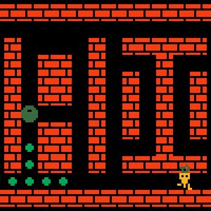 May include: Retro video game screen featuring a maze constructed of orange bricks. A small yellow character with a hat navigates the maze. Green dots and a green ball are also present. The game's score is displayed on the left side.