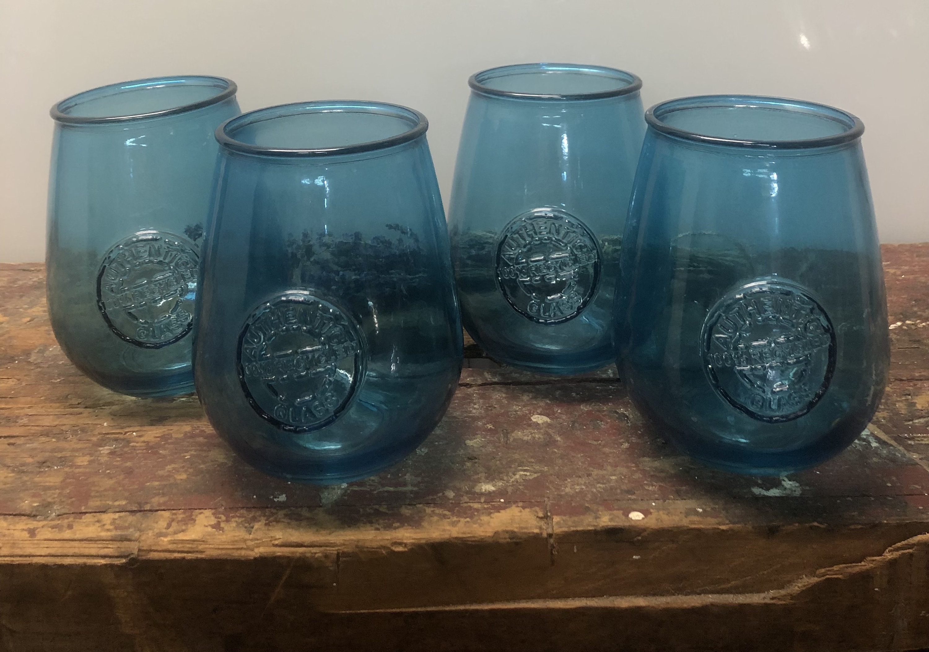 Set Of 4 San Miguel 100% Recycled Glass Blue Stemless Wine Glasses Embossed  Seal