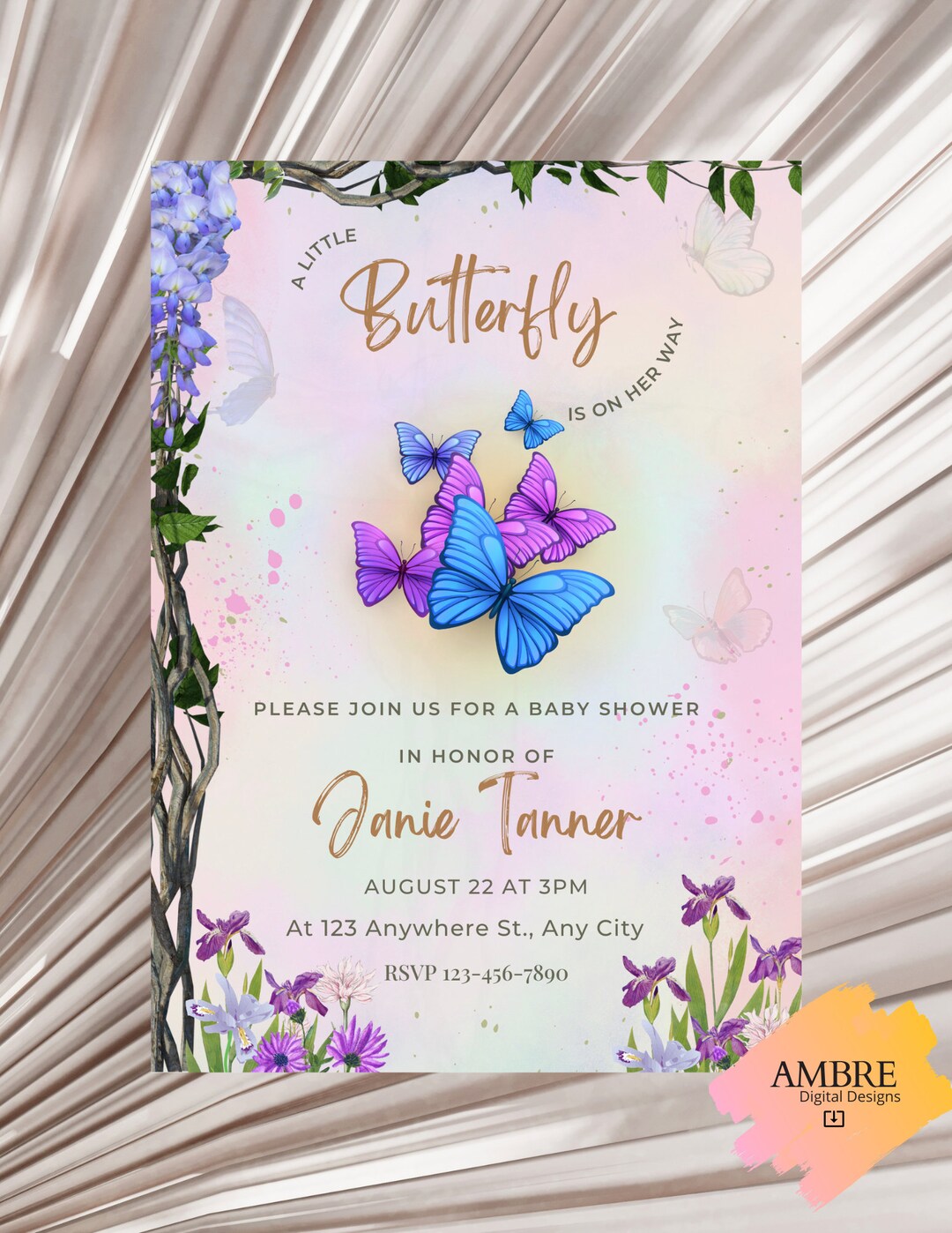 Editable Butterfly Baby Shower Invitation Template, Digital Download ...