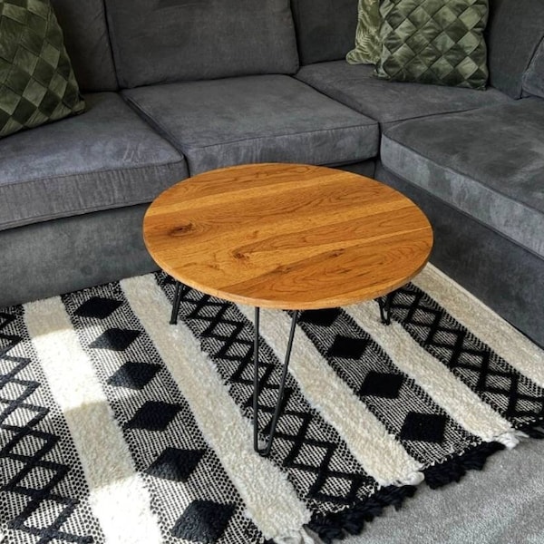 Round Oak Coffee Table / Black Hairpin Legs / Reclaimed Rustic Oak Side Table / Handmade Farmhouse End Table / Modern Table
