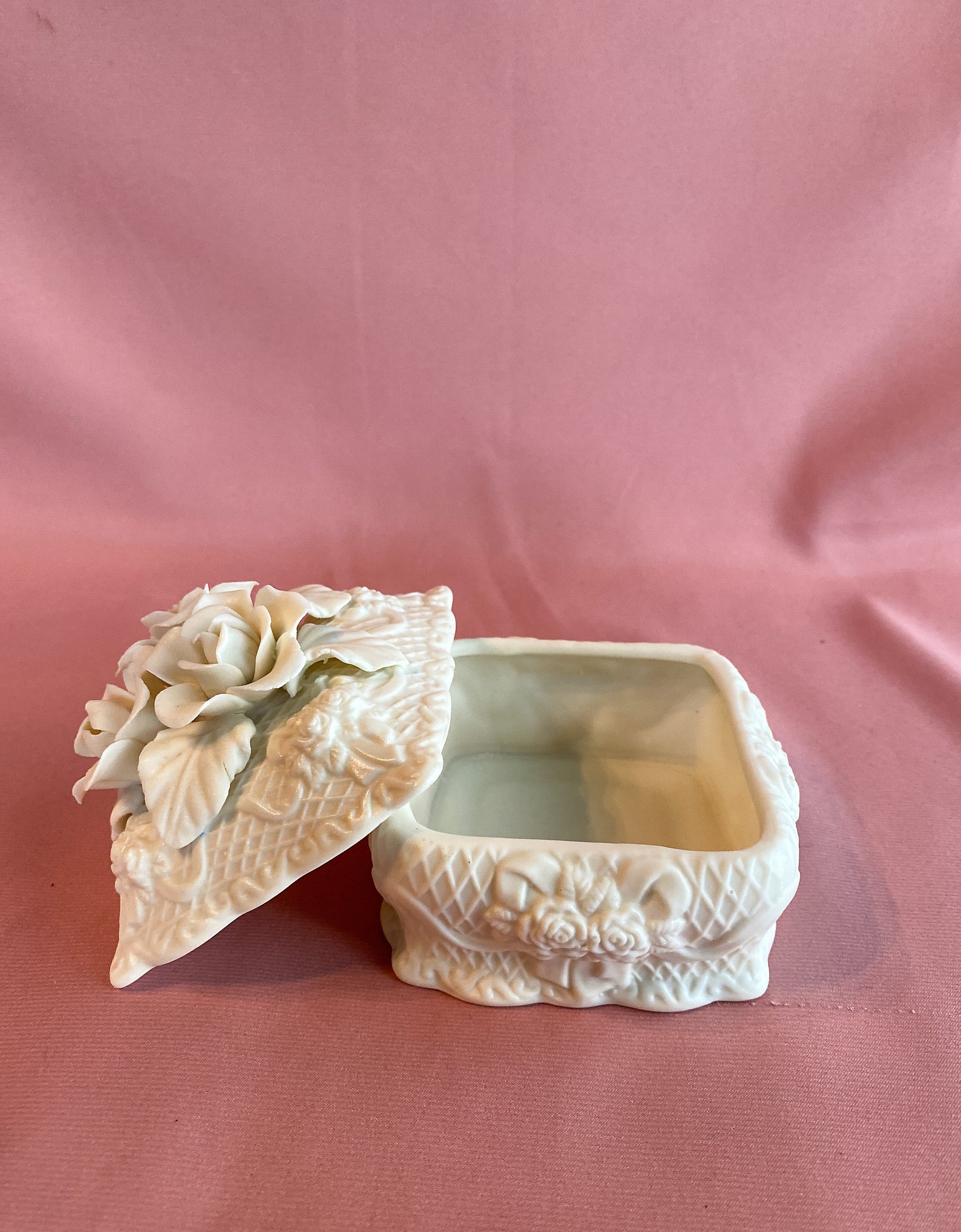 Vintage bisque porcelain trinket box with rose flower lid Etsy