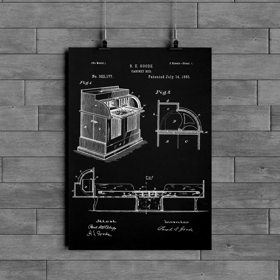 Cabinet Bed Sarah E. Goode Printable Patent Drawing Art | Etsy