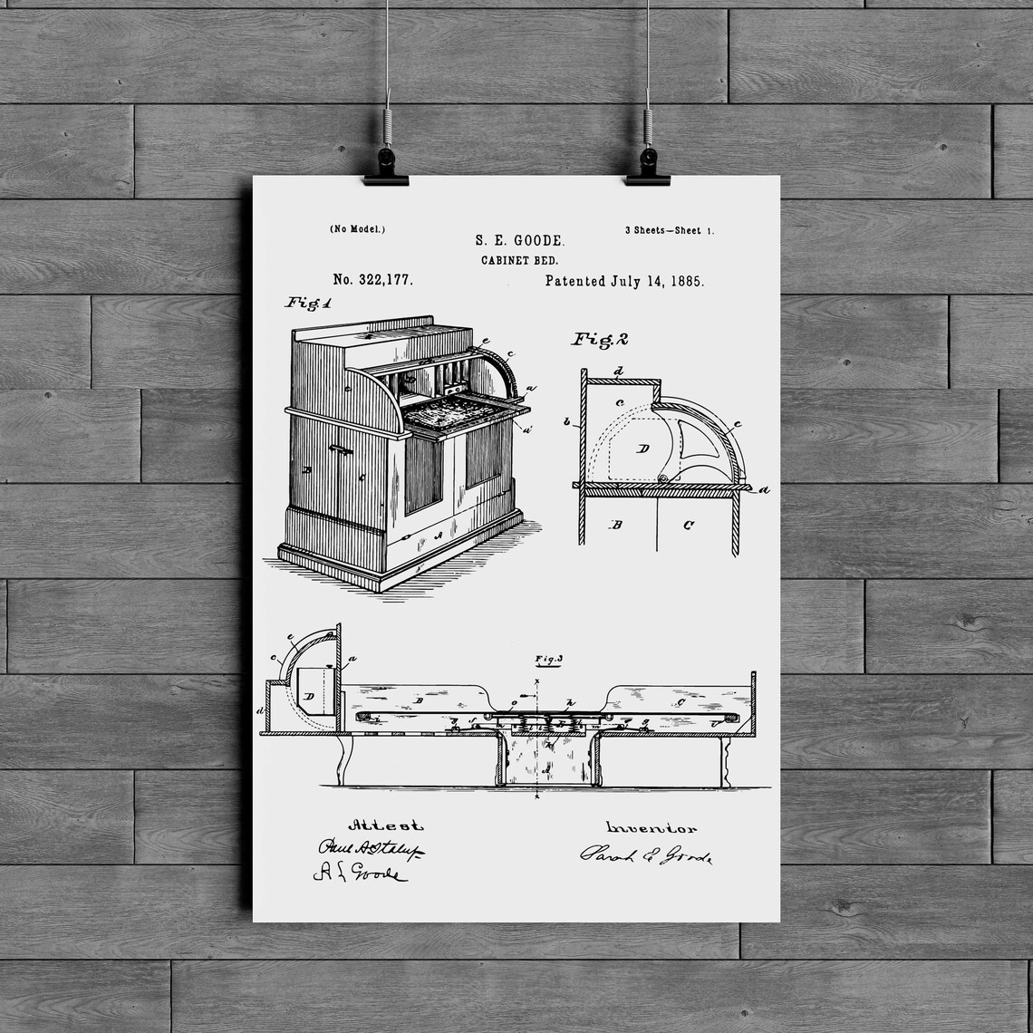 Cabinet Bed Sarah E. Goode Printable Patent Drawing Art | Etsy