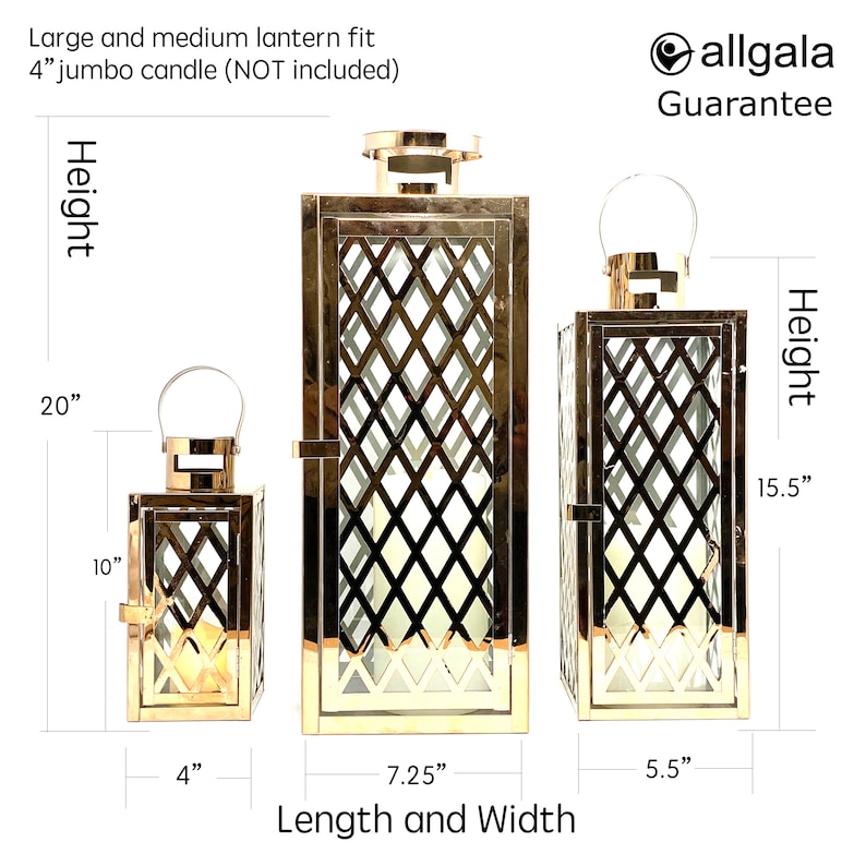 Allgala 3-PC Set Jumbo Luxury Modern Indoor/Outdoor Hurricane Candle Lantern Set with Chrome Plated Structure and Tempered Glass-Cuboid image 4