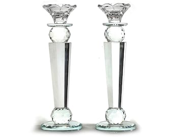 Allgala Set of 2 Crystal Glass Made Reverse Tapered Pillar and Hand Crafted Ball Candlesticks