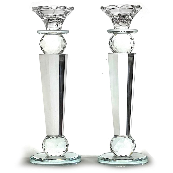 Allgala Set of 2 Crystal Glass Made Reverse Tapered Pillar and Hand Crafted Ball Candlesticks