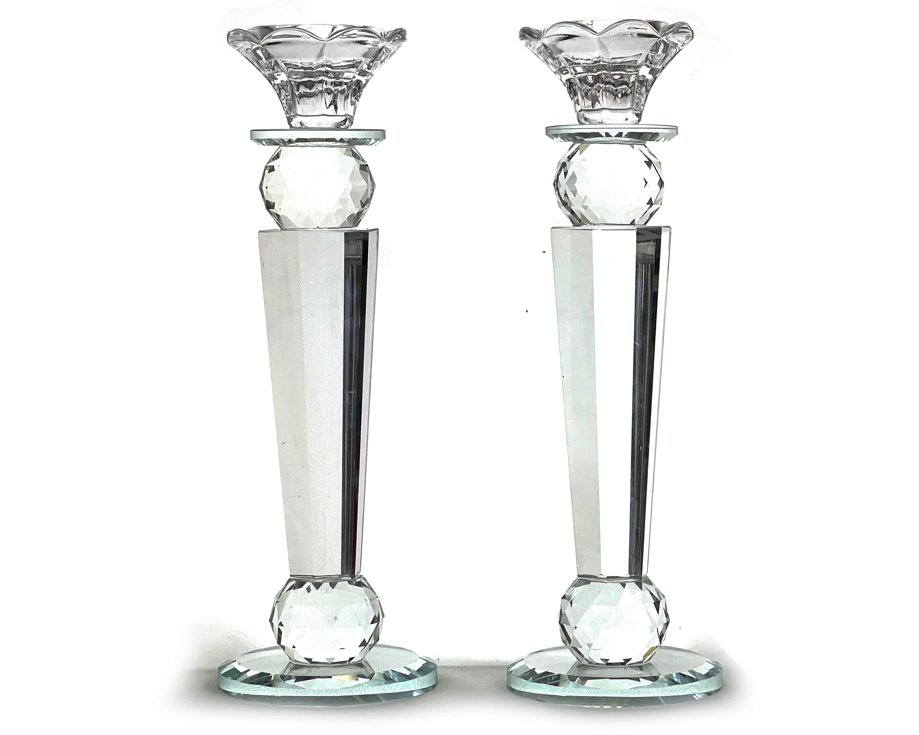 Allgala Set of 2 Crystal Glass Made Reverse Tapered Pillar and Hand Crafted Ball Candlesticks