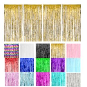 May include: A selection of metallic fringe curtains in various colours, including gold, silver, pink, blue, green, and purple. These decorative curtains are suitable for party backdrops or event decorations. The image displays a range of colours and textures.