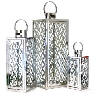 Allgala 3-PC Set Jumbo Luxury Modern Indoor/Outdoor Hurricane Candle Lantern Set with Chrome Plated Structure and Tempered Glass-Cuboid Silver