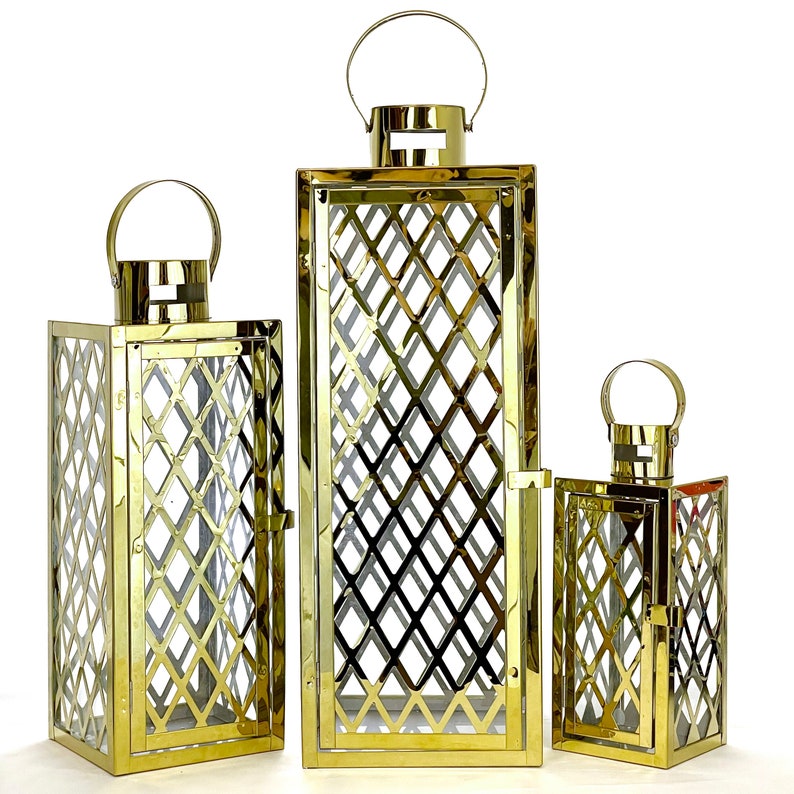 Allgala 3-PC Set Jumbo Luxury Modern Indoor/Outdoor Hurricane Candle Lantern Set with Chrome Plated Structure and Tempered Glass-Cuboid Gold