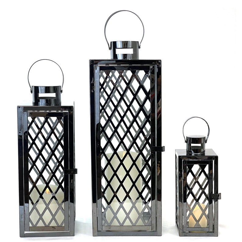 Allgala 3-PC Set Jumbo Luxury Modern Indoor/Outdoor Hurricane Candle Lantern Set with Chrome Plated Structure and Tempered Glass-Cuboid image 6