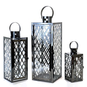 Allgala 3-PC Set Jumbo Luxury Modern Indoor/Outdoor Hurricane Candle Lantern Set with Chrome Plated Structure and Tempered Glass-Cuboid Black