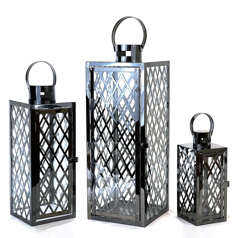 Allgala 3-PC Set Jumbo Luxury Modern Indoor/Outdoor Hurricane Candle Lantern Set with Chrome Plated Structure and Tempered Glass-Cuboid Black