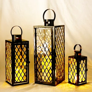 Allgala 3-PC Set Jumbo Luxury Modern Indoor/Outdoor Hurricane Candle Lantern Set with Chrome Plated Structure and Tempered Glass-Cuboid image 10