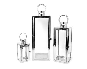 Allgala 3-PC Set Jumbo Luxury Modern Indoor/Outdoor Hurricane Candle Lantern Set with Chrome Plated Structure and Tempered Glass-Cuboid