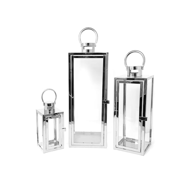 Allgala 3-PC Set Jumbo Luxury Modern Indoor/Outdoor Hurricane Candle Lantern Set with Chrome Plated Structure and Tempered Glass-Cuboid