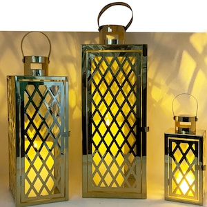 Allgala 3-PC Set Jumbo Luxury Modern Indoor/Outdoor Hurricane Candle Lantern Set with Chrome Plated Structure and Tempered Glass-Cuboid image 3