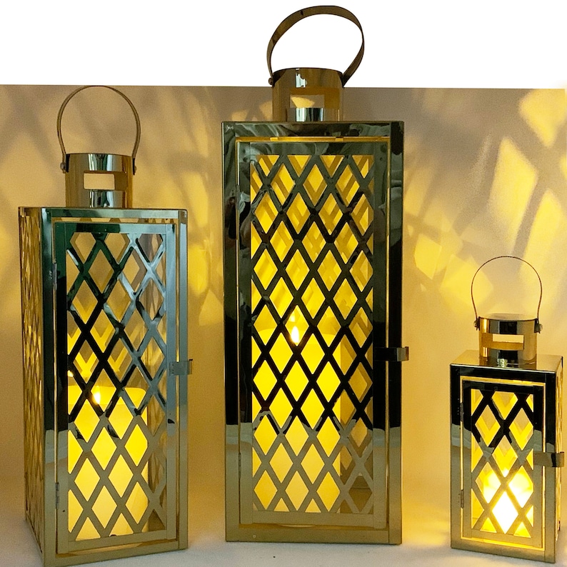 Allgala 3-PC Set Jumbo Luxury Modern Indoor/Outdoor Hurricane Candle Lantern Set with Chrome Plated Structure and Tempered Glass-Cuboid image 3