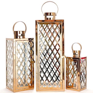 Allgala 3-PC Set Jumbo Luxury Modern Indoor/Outdoor Hurricane Candle Lantern Set with Chrome Plated Structure and Tempered Glass-Cuboid Rose gold