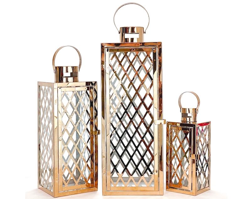 Allgala 3-PC Set Jumbo Luxury Modern Indoor/Outdoor Hurricane Candle Lantern Set with Chrome Plated Structure and Tempered Glass-Cuboid Rose gold