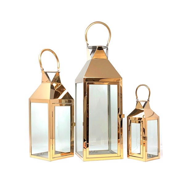 Allgala 3-PC Set Jumbo Luxury Modern Indoor/Outdoor Hurricane Candle Lantern Set with Chrome Plated Structure and Tremped Glass-Pyramid Top