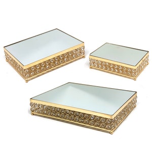 Allgala 3 Piece Set Crystal Shine Plated Cheese Dessert Cupcake Cake Stand with Mirror - Rectangle