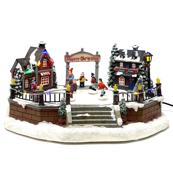 Figurine de collection maison de Noël en polyrésine fabriquée par Allgala avec USB et batterie double source d'alimentation-patinoire avec patineurs glissants-XH93437