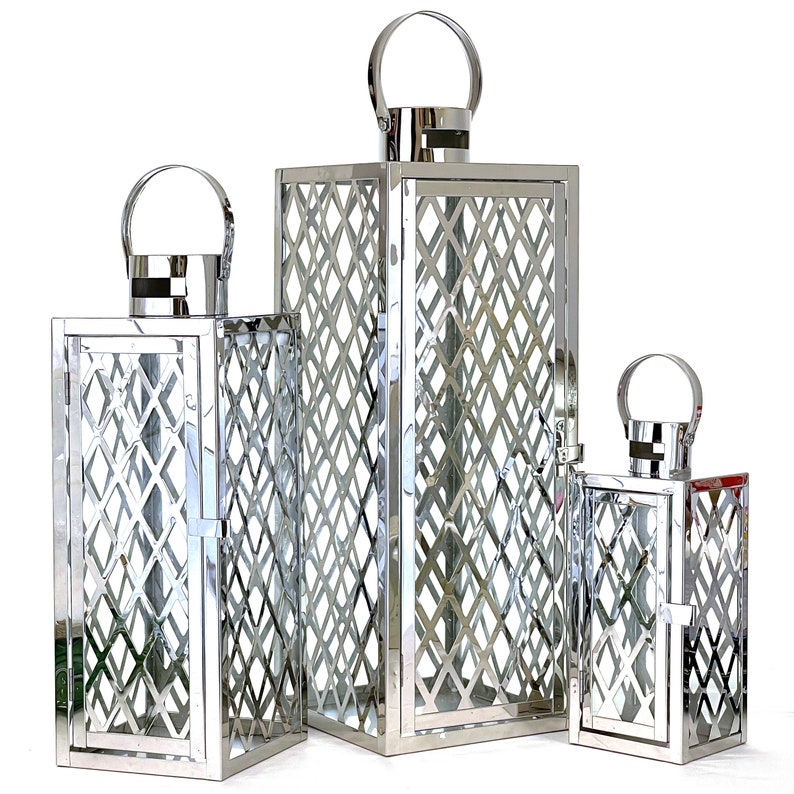 Allgala 3-PC Set Jumbo Luxury Modern Indoor/Outdoor Hurricane Candle Lantern Set with Chrome Plated Structure and Tempered Glass-Cuboid image 7